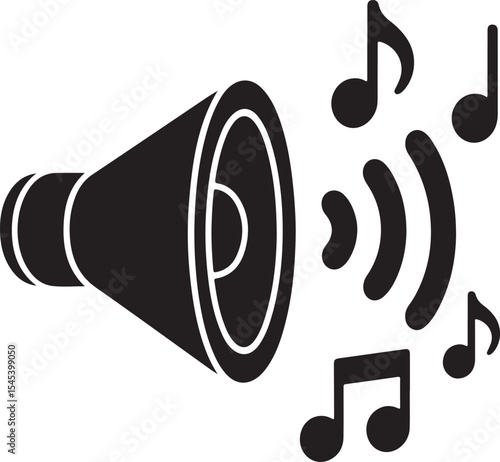 Simple black and white icon depicting a speaker and musical notes representing sound