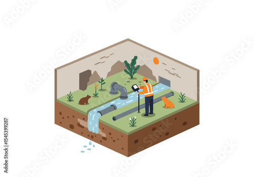 A construction worker inspects underground pipes with a camera, set within a detailed isometric landscape illustration.  Clear, modern design. Perfect for infrastructure or utility themes.