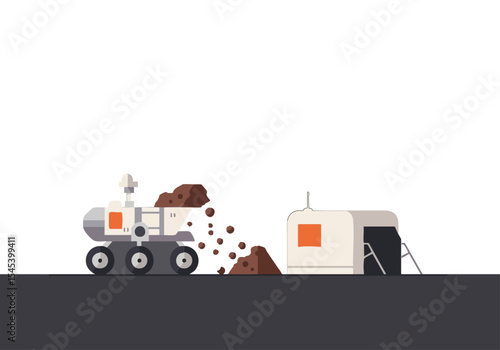A lunar rover delivers supplies to a base on the moon. Clean, flat design illustration. Minimalist, modern aesthetic. Great for tech, space, and design projects.