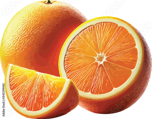 Delicious juicy oranges composition including whole half and slice on isolated white background