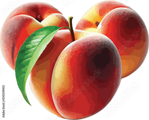 Delicious juicy peaches with green leaf isolated on white background fresh and healthy fruit