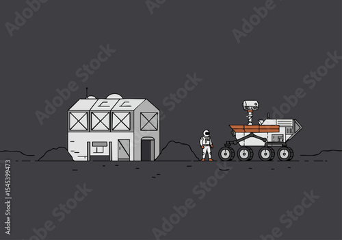 minimalist illustration depicts a Mars base drop with a habitat and rover A lone astronaut stands observing the scene under a dark starry sky Clean lines and a modern style create a striking visual