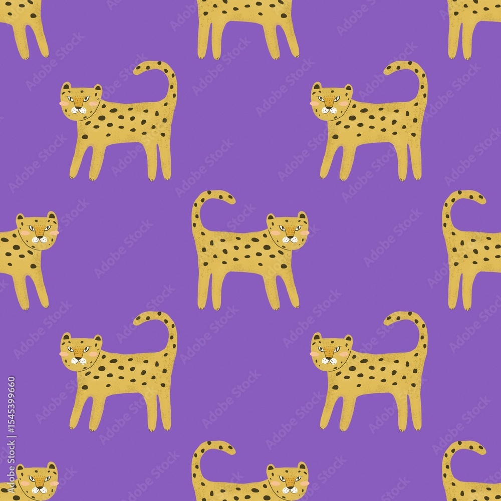 Fototapeta premium Seamless pattern with leopards. colorful illustration for kids. hand drawing, flat style. baby design for fabric, print, textile, wrapper