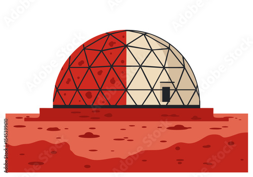 A striking illustration of a geodesic dome on a Martian landscape. Bold red and white design evokes a futuristic, isolated setting. Perfect for tech, space, or design projects.