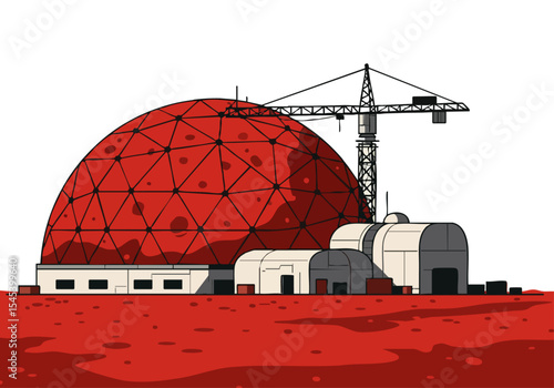 A striking illustration depicts a futuristic dome structure with a construction crane on a red, desolate landscape. Bold lines and a limited color palette create a modern, dramatic visual.