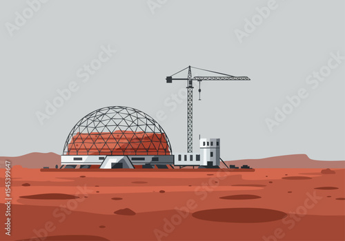 stylized illustration depicts a dome build on Mars complete with a crane The scene showcases a red Martian landscape and a modern architectural design 