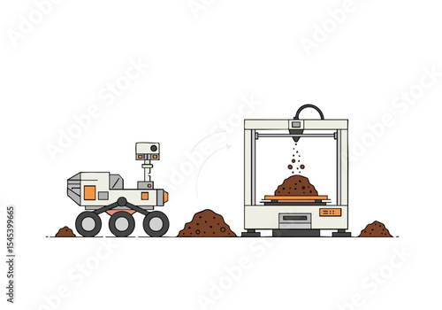 A stylized illustration depicts a Mars rover dropping materials into a 3D printer, showcasing a futuristic manufacturing concept. Clean lines and a modern aesthetic.
