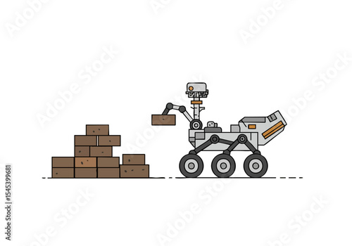 A stylized illustration depicts a Mars rover stacking bricks. Clean lines and a minimalist design create a modern, graphic aesthetic. Perfect for tech, space, or engineering themes.