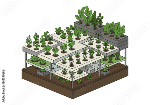 stylized isometric illustration showcases a multi-tiered tray grow system brimming with lush green plants This modern vertical gardening design is visually appealing and ideal for commercial use