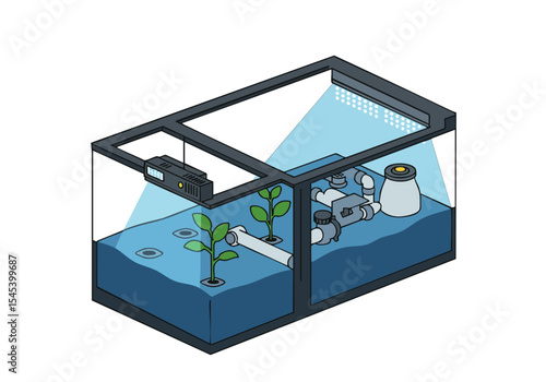 A stylized isometric view of an LED grow setup with plants. Modern, illuminated, and visually appealing for commercial use. Clean design, bright lighting.
