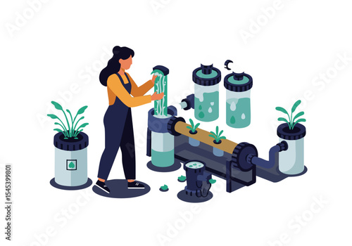 A woman maintains a hydroponic system, showcasing a modern, sustainable gardening setup. Clean lines and vibrant greenery create a visually appealing and informative illustration.