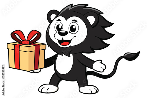 Happy cartoon lion presents a wrapped gift box with red ribbon adorning the present