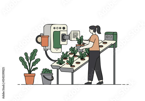 A woman oversees an automated hydroponic farm, monitoring plant growth with a tablet. Modern, efficient, and visually appealing. Optimized Farm.