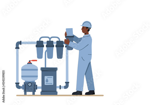 A worker adds a filter to industrial water purification equipment. Clean, modern illustration with a focus on process and maintenance. Suitable for business and technology themes.