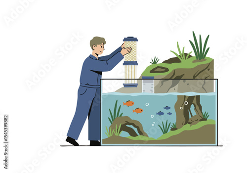 A worker maintains a fish tank, adding a filter. The scene features a clear aquarium, lush plants, and a male figure in overalls. Clean, bright illustration.