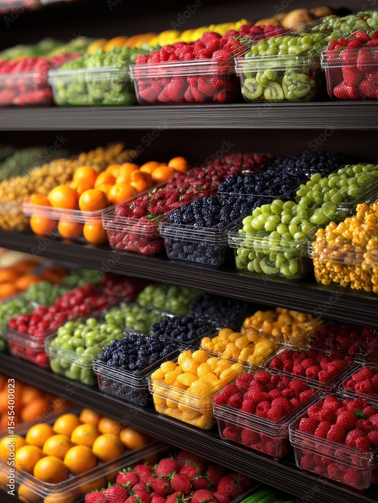 Grocery store shelf with variety of freshly cut fruits in plastic containers Grocery store shelf with variety of freshly cut fruits in plastic containers