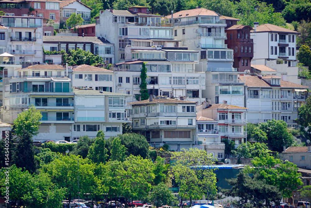 Fototapeta premium Coastal houses line Bosphorus in Istanbul