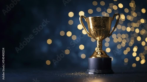 Golden trophy on dark background with bokeh lights for awards ceremony