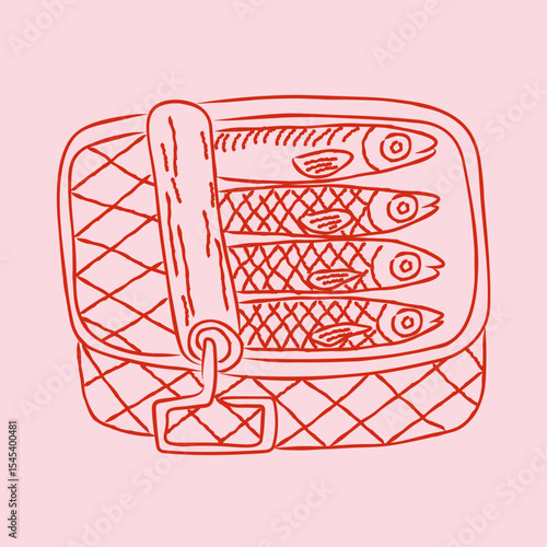 Canned fish sardines hand drawn minimal design. Retro canned design. Fish vintage artwork