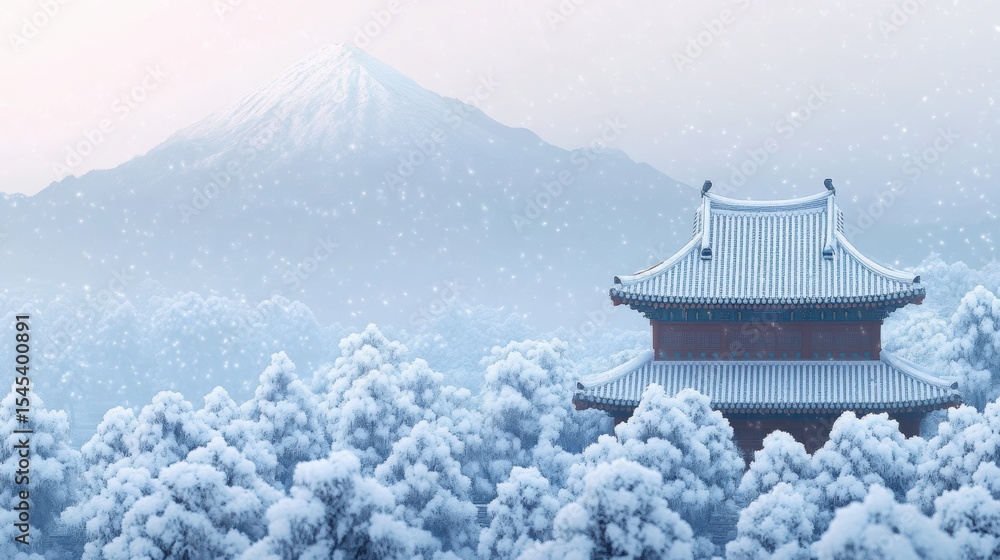 Fototapeta premium A tranquil winter landscape featuring a snow-covered pagoda amidst frosted trees and a distant mountain, Ideal for winter-themed projects, travel blogs, or serene home decor,