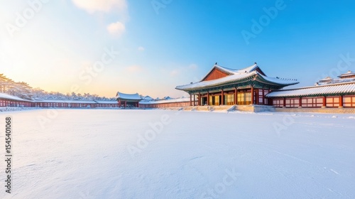 Wallpaper Mural A serene winter landscape features traditional architecture blanketed in snow under a clear blue sky at sunrise, This image can be used for travel articles, cultural websites, or winter promotions, Torontodigital.ca