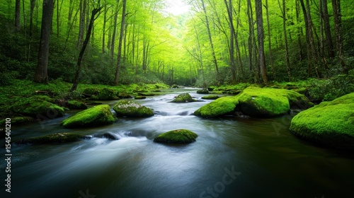 A serene forest scene featuring a tranquil stream flowing over moss-covered rocks, surrounded by lush green trees, Ideal for nature-themed projects, environmental initiatives, or relaxation imagery,