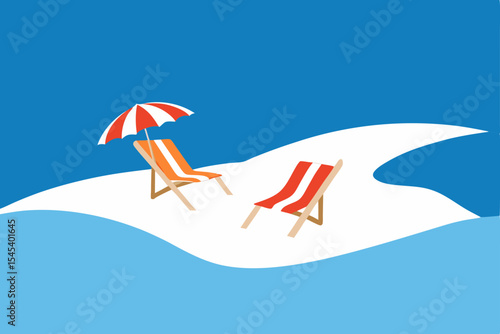 Relaxing Beach Scene Two Deck Chairs and Umbrella on Sandy Shore