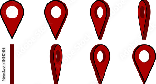 Rotating 3D Style Red Location Pointer Pin or You Are Here Marker Hotspot Symbol Sign Icon with a Hole Sprite Sheet Set for Game and UI App Map Animation. Vector Image.