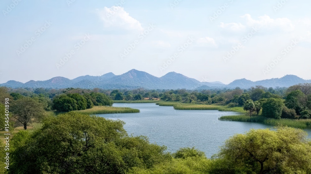 A serene landscape showcasing a tranquil lake surrounded by lush greenery and distant mountains under a clear blue sky, perfect for nature-themed projects, relaxation illustrations, or travel content A serene landscape showcasing a tranquil lake surrounded by lush greenery and distant mountains under a clear blue sky, perfect for nature-themed projects, relaxation illustrations, or travel content