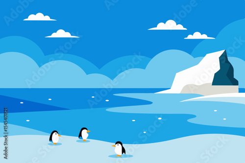 Adorable Penguins on Antarctic Ice A Stunning Winter Landscape Illustration