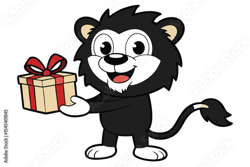 Smiling cartoon lion presents a gift wrapped with a red ribbon in its paws