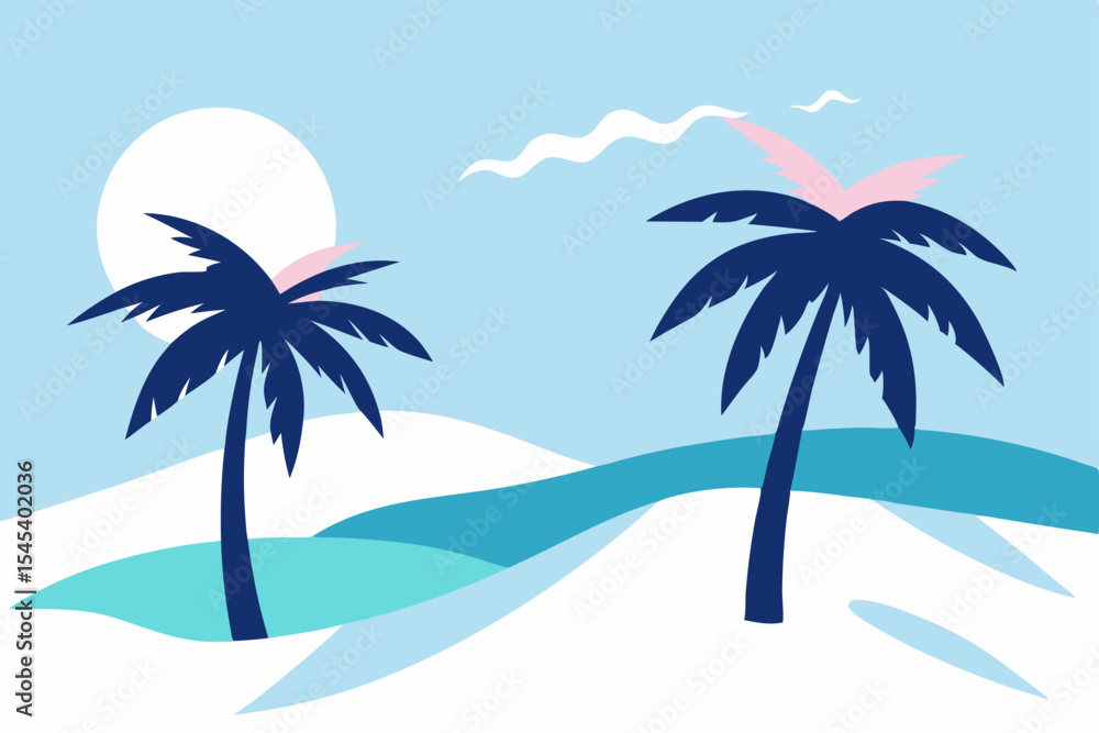 Fototapeta premium Serene Tropical Paradise Palm Trees, Sun, and Gentle Breeze Illustration