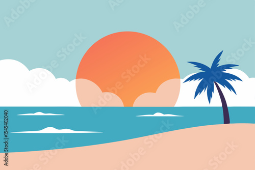Sunset Beach Scene Tropical Paradise Illustration