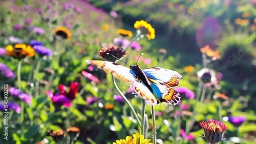 Slow Motion Butterflies on Wildflowers in Vibrant Meadow,flower, nature, bee, garden, spring, summer, flowers, plant, pink, insect, blossom, meadow, bloom, purple, flora, field, grass, blue, beauty
