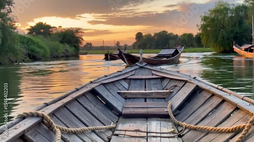 Wooden Boats on Calm River at Sunset,lake, water, boat, pier, sky, wooden, landscape, jetty, nature, dock, summer, wood, river, sunset, reflection, bridge, clouds, calm, travel, forest, tree, pond.