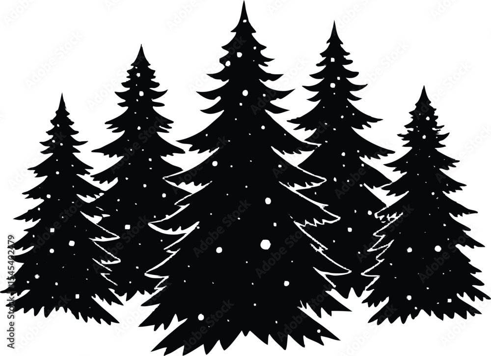 Fototapeta premium Snowy Pine Tree Winter Forest Silhouette | Evergreen Trees in Snow Scene Silhouette