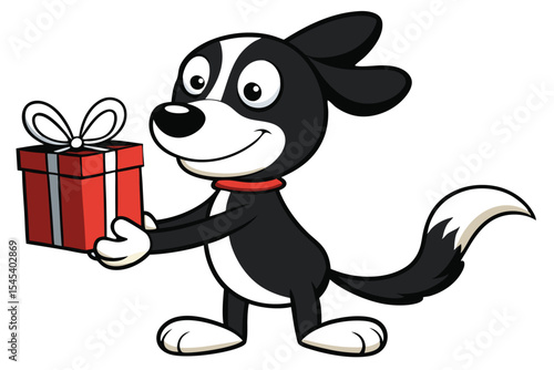 Cheerful cartoon dog with red collar happily presents a red gift box tied with white ribbon
