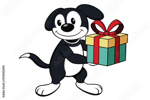 Smiling cartoon dog joyfully presents a gift wrapped in ribbon and paper