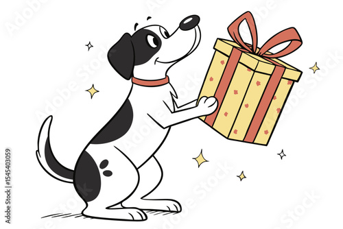 Spotted cartoon dog with red collar holds yellow gift box and happily wags tail