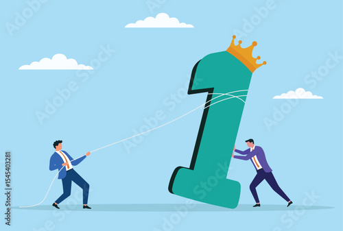 Vector illustration of two businessmen working together to support and raise a giant number one wearing a crown, symbolizing teamwork, unity, leadership, and striving for top success
