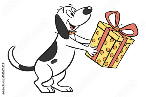 Cheerful cartoon dog holds a yellow and pink polka dotted gift box with a ribbon