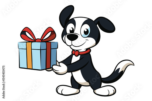 Cheerful cartoon dog with red bowtie sweetly presents a blue and orange gift box