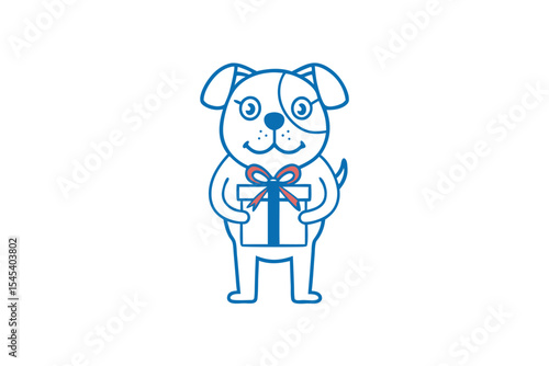 Cheerful line art puppy dog presents a gift tied with a ribbon