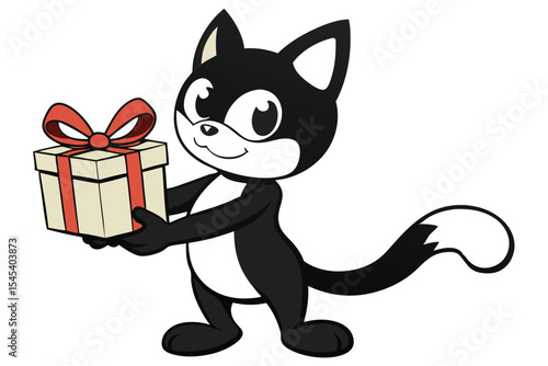 Cute black and white cartoon cat is holding a beautifully wrapped gift package