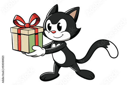 Retro cartoon cat cheerfully delivers a colorful gift with a bright red bow tie