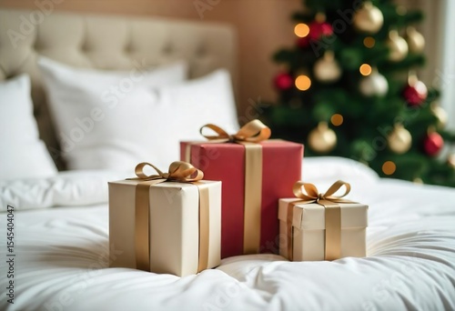 wrapped Christmas gifts sit on the bed in decorated bedroom with christmas tree, positioned in front of a decorated Christmas tree. 