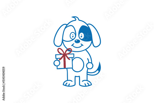 Cheerful cartoon dog holding a gift box with a red ribbon in its paw