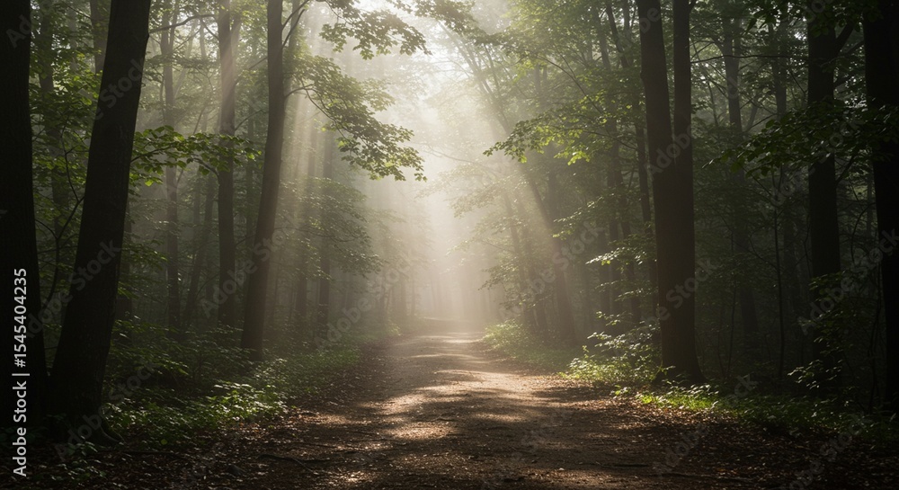 Fototapeta premium Enchanting Sunbeams Illuminate a Misty Forest Path: A Serene Nature Escape. High quality professional stock photo suitable for commercial use.