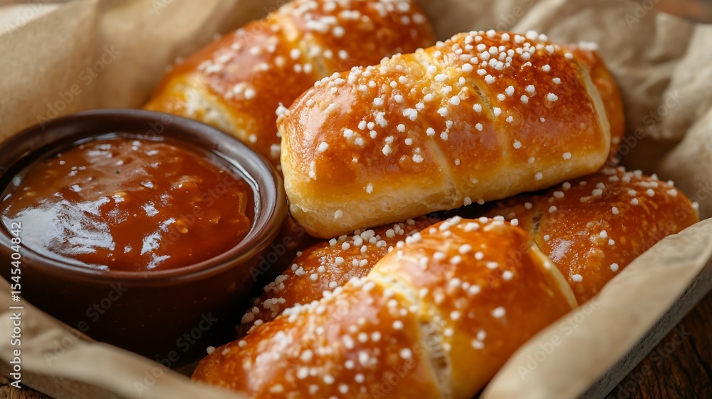Nacho cheese pretzel bite snack pack, close-up with dipping sauce Nacho cheese pretzel bite snack pack, close-up with dipping sauce