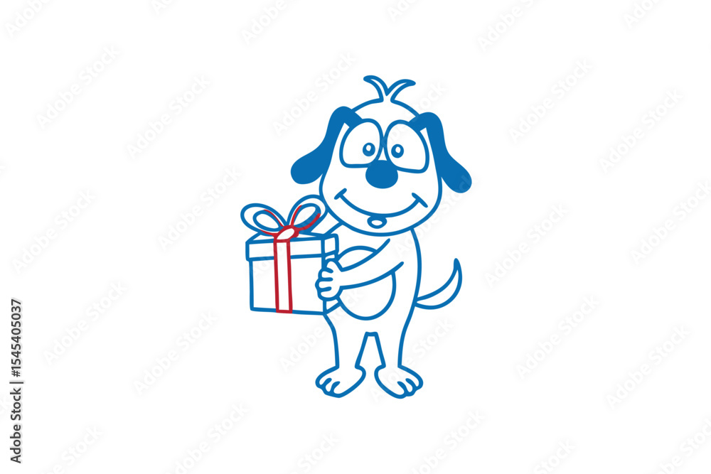 Cheerful blue outline cartoon puppy joyfully holds a wrapped gift on a white backdrop Cheerful blue outline cartoon puppy joyfully holds a wrapped gift on a white backdrop